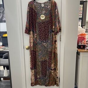 Lightweight Boho Patchwork Maxi Dress in Burgundy and Olive